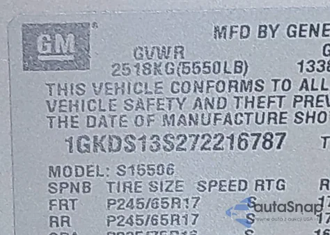 2007 GMC Envoy Sle z USA, uszkodzony, nr VIN 1GKDS13S272216787